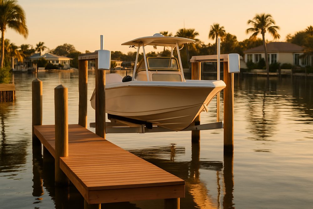 A well-built private boat dock and lift on a calm Sarasota Bay canal at golden hour