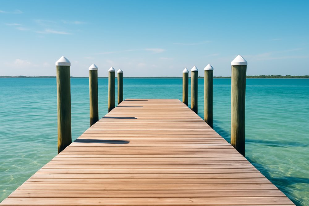 A welcoming boat dock over clear turquoise Sarasota Bay water