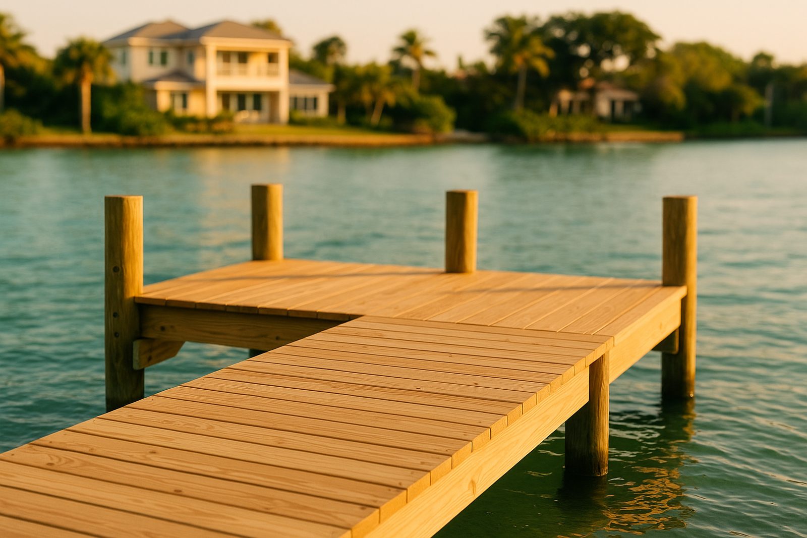 A freshly rebuilt boat dock at golden hour over calm turquoise water in Sarasota Bay