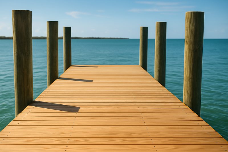 A repaired wooden boat dock with new decking over Sarasota Bay