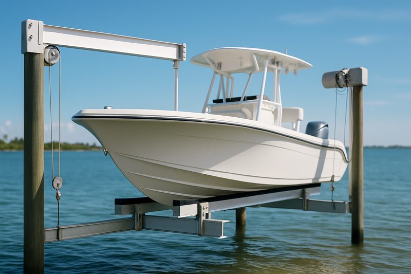 A boat lift with new cables and motor lifting a boat out of the water