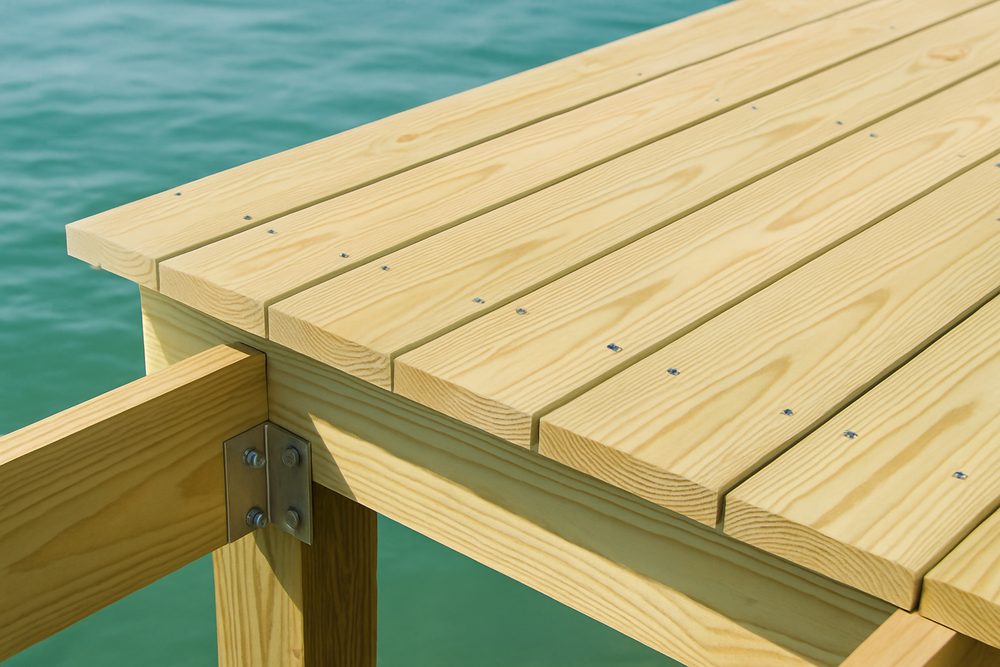 A freshly rebuilt boat dock and lift over calm water in coastal Sarasota