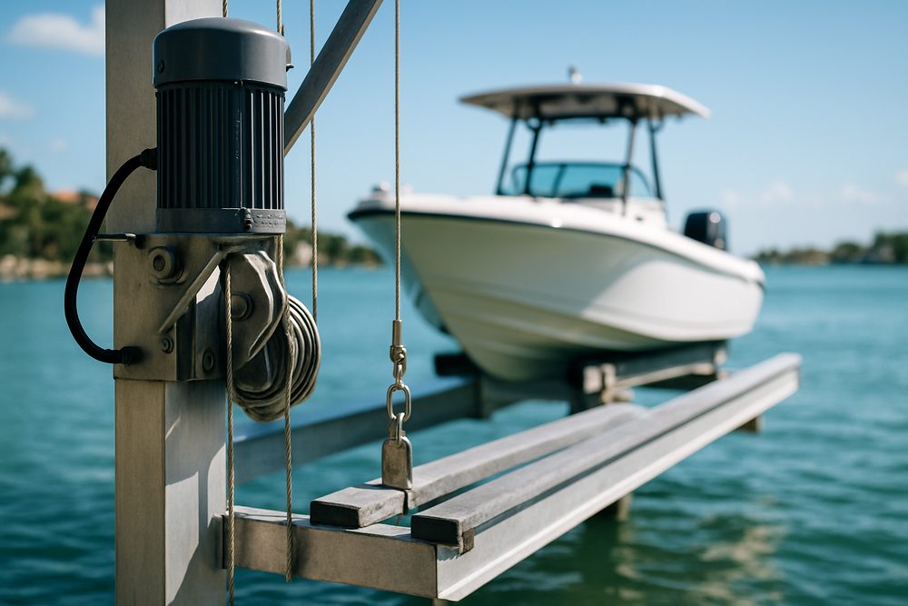 Boat lift cables, bunks, and motor over coastal Florida water