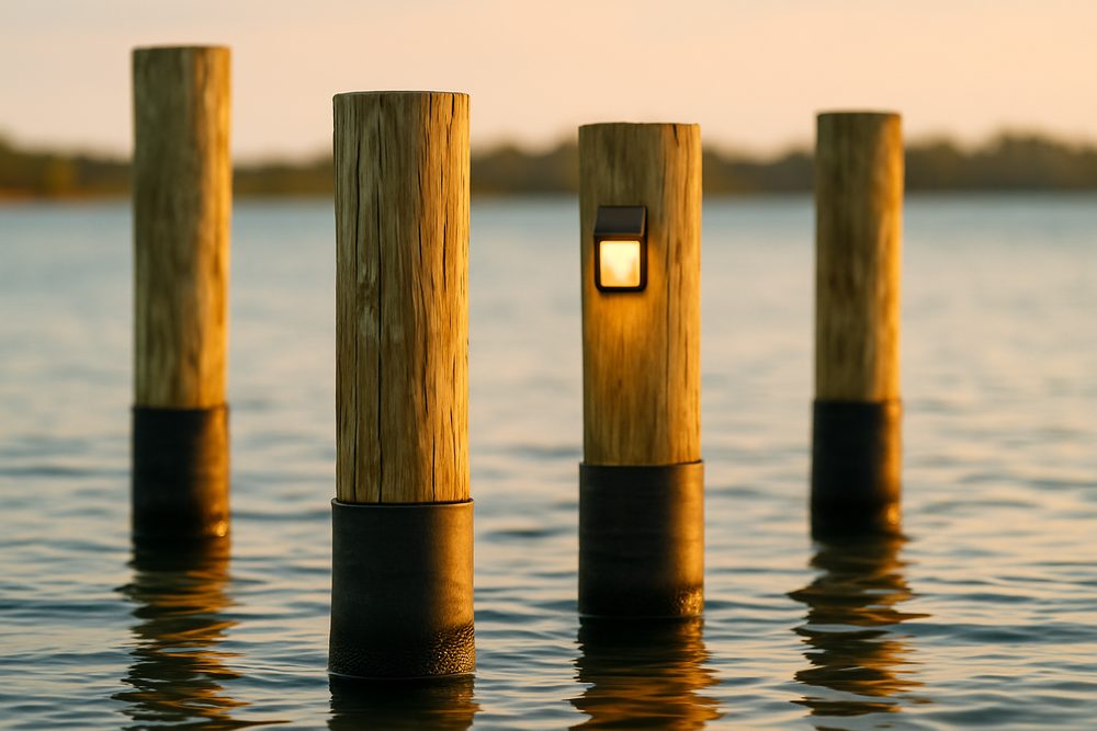 Wrapped dock pilings and dock lighting at golden hour
