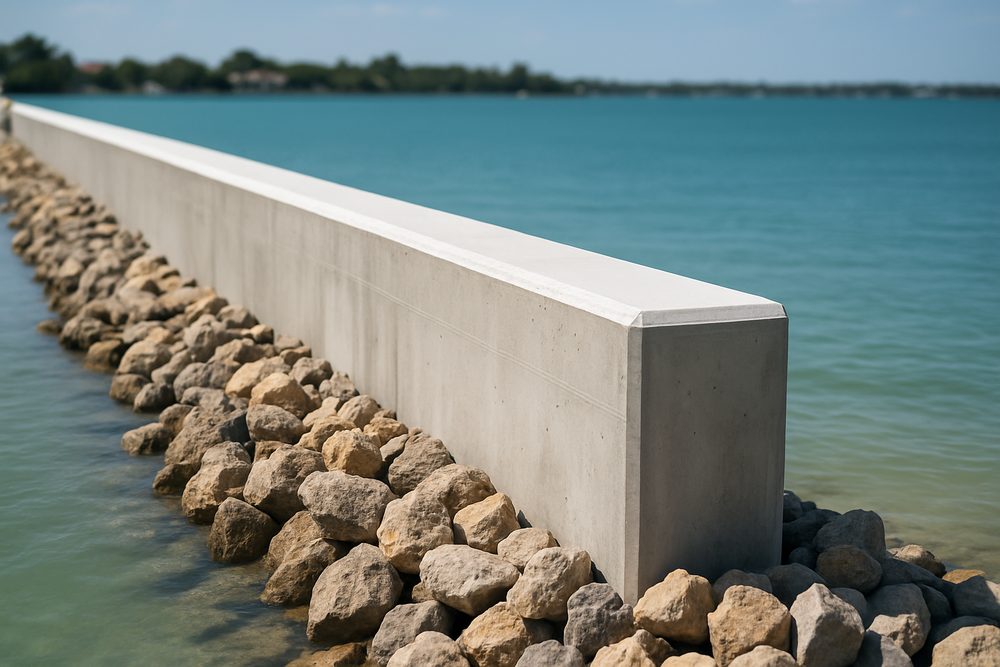 A new concrete seawall with cap and rip-rap on a Sarasota waterfront