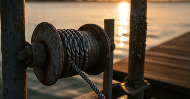 Corroded boat lift cables on a drum above Sarasota Bay at golden hour