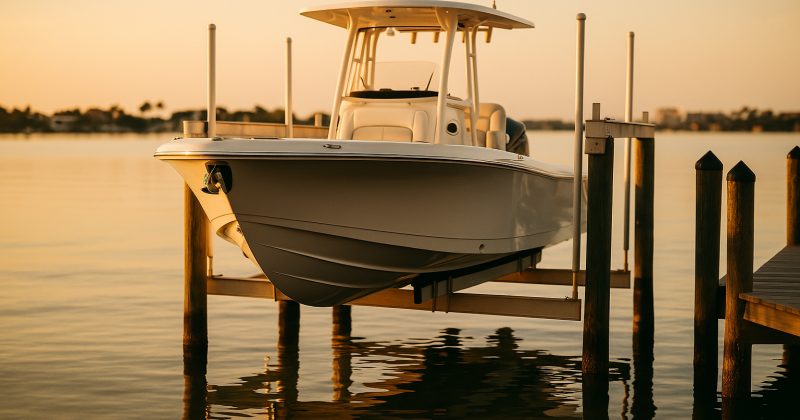 A center-console boat resting on a four-post aluminum elevator lift above calm Sarasota Bay at golden hour