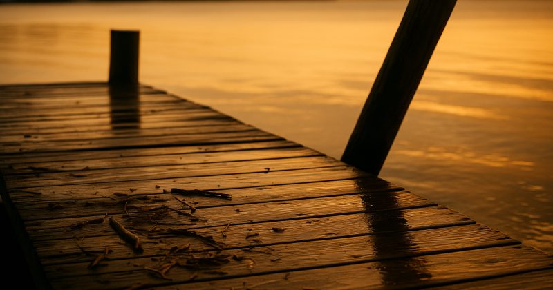 Storm-damaged wooden dock on a calm Sarasota Bay at golden hour, with scattered debris and a leaning piling