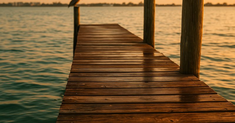 A weathered wooden dock extending over calm Sarasota Bay at golden hour with a pelican perched on a piling