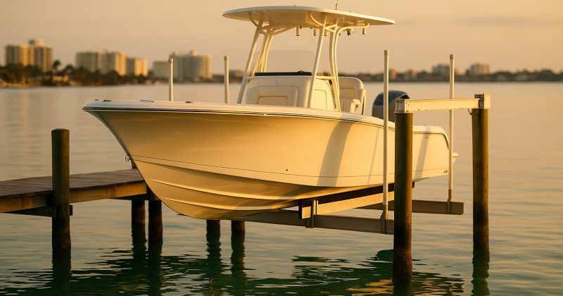 A white center-console boat resting on a four-post boat lift above calm Sarasota Bay at golden hour