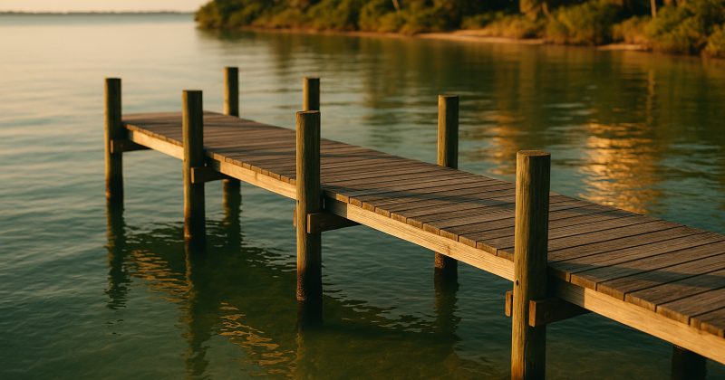 A wooden dock extending over calm Sarasota Bay at golden hour, warm sunlight reflecting off the water