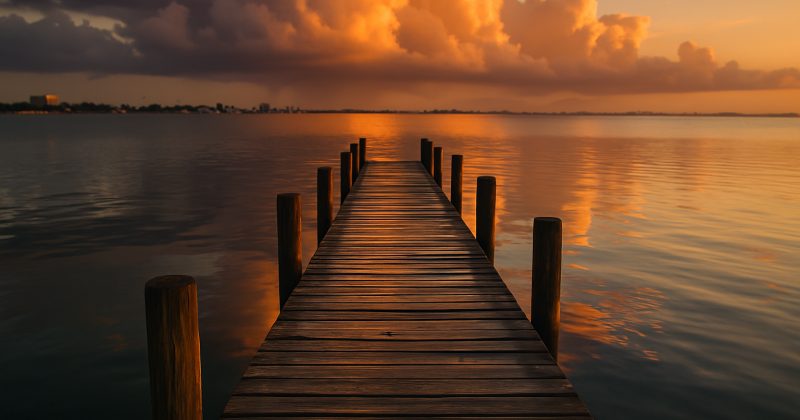 Wooden dock on Sarasota Bay at golden hour with storm clouds building on the horizon