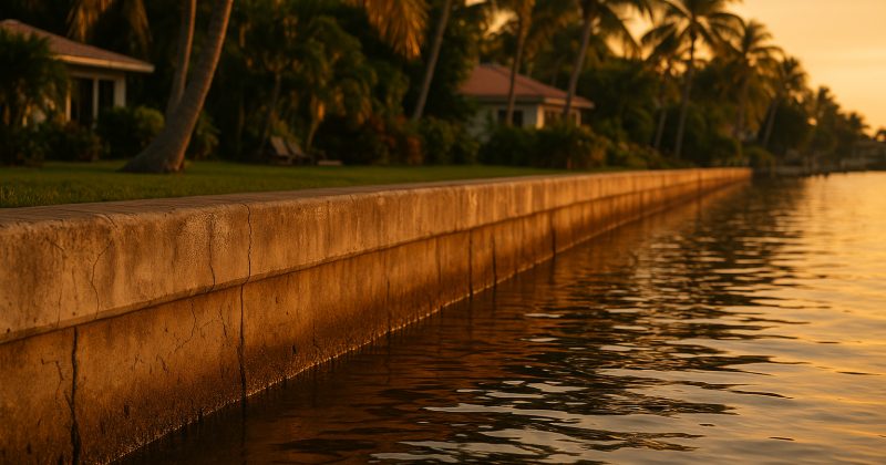 Cracked and weathered concrete seawall along a Sarasota waterway at golden hour