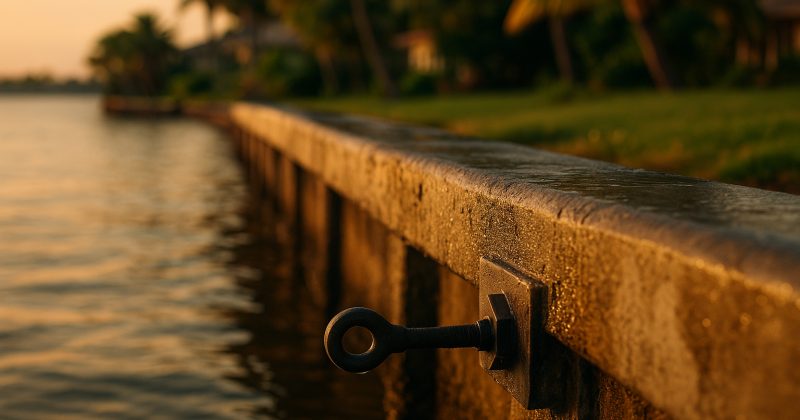 Weathered concrete seawall along a Sarasota bay waterfront at golden hour, with a steel tie-rod connection visible on the wall face
