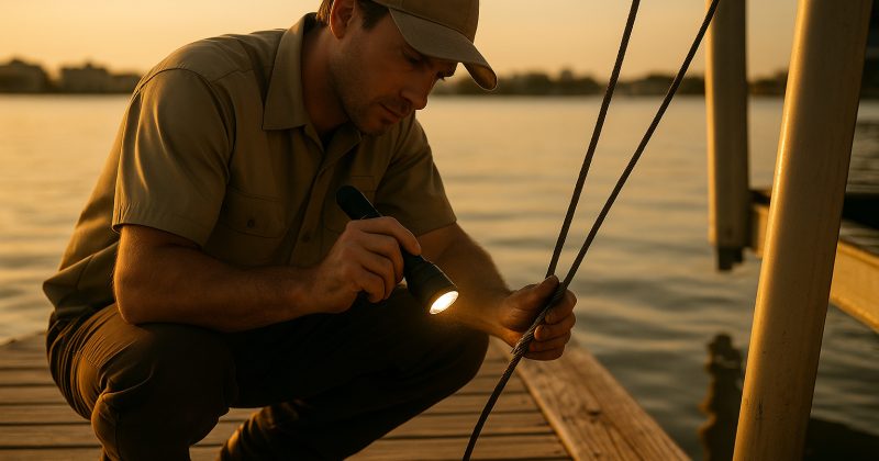 Marine technician inspecting a boat lift cable on a wooden dock at golden hour over calm Sarasota Bay