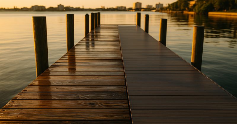 A Sarasota waterfront dock at golden hour showing both wood and composite decking boards side by side over calm bay water