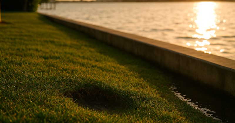 A soft depression in a Florida waterfront yard near a concrete seawall at golden hour, suggesting soil loss behind the wall